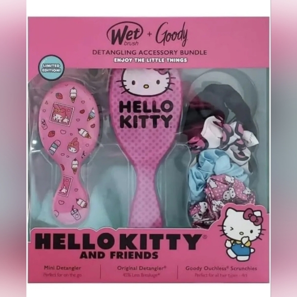 Hello Kitty and Friends 2 Detangler Wet Brushes + 4 Goody Ouchless Scrunchies - Picture 1 of 3